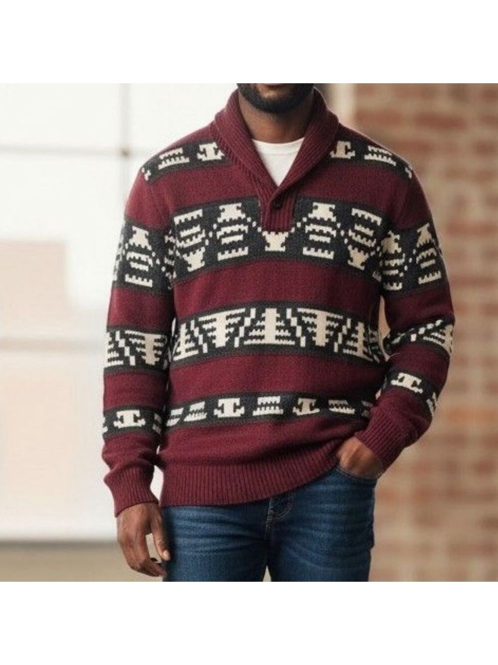 Men's American Eagle Aztec Tribal Shawl Neck Sweater - Maroon/Red L